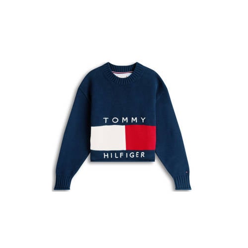 Tommy Hilfiger trui donkerblauw gebreid Meisjes Katoen Ronde hals Logo - maat 128 afbeelding