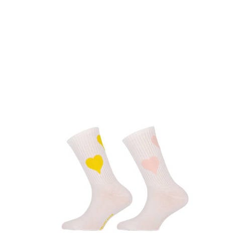 Yellow Moon sportsokken - set van 2 wit met hartjes print Geel Meisjes Stretchkatoen - maat 35-38 afbeelding