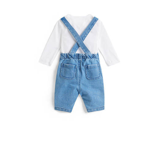Tommy Hilfiger denim tuinbroek + longsleeve medium blue denim/wit Set Blauw Jongens Stretchdenim Vierkante hals