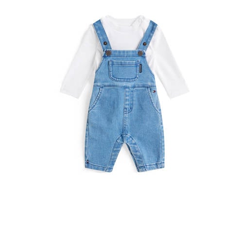 Tommy Hilfiger denim tuinbroek + longsleeve medium blue denim/wit Set Blauw Jongens Stretchdenim Vierkante hals