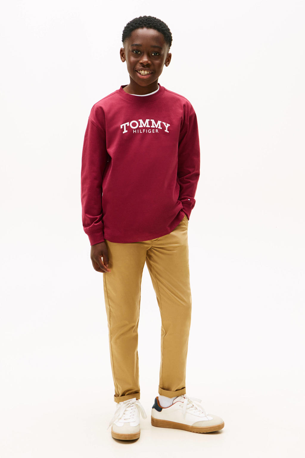 Rode jongens Tommy Hilfiger longsleeve van katoen met lange mouwen en ronde hals