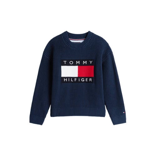 Tommy Hilfiger trui donkerblauw gebreid Jongens Katoen Ronde hals Logo - maat 152 afbeelding