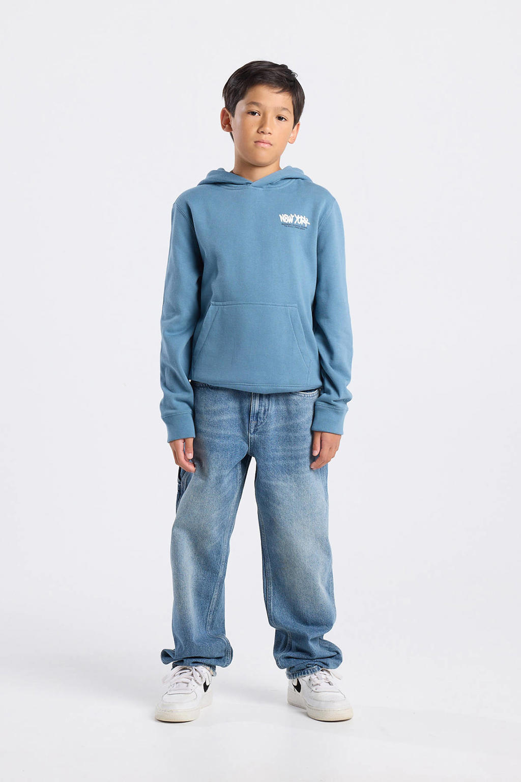Blauwe jongens America Today hoodie van sweat materiaal met backprint, lange mouwen en capuchon