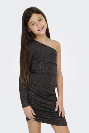 one shoulder jurk met glitters zwart/roze