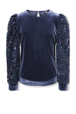 fluwelen blousetop blauw met pailletten