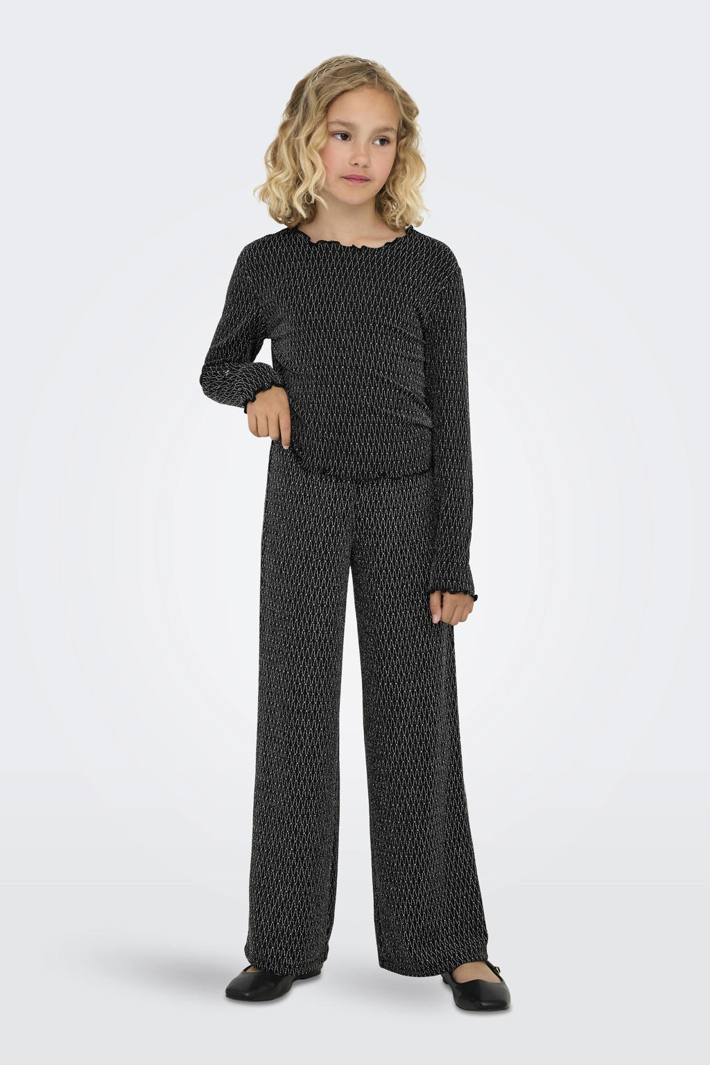 Zwart en zilverkleurige meisjes KIDS ONLY GIRL wide leg casual broek met ruitenprint