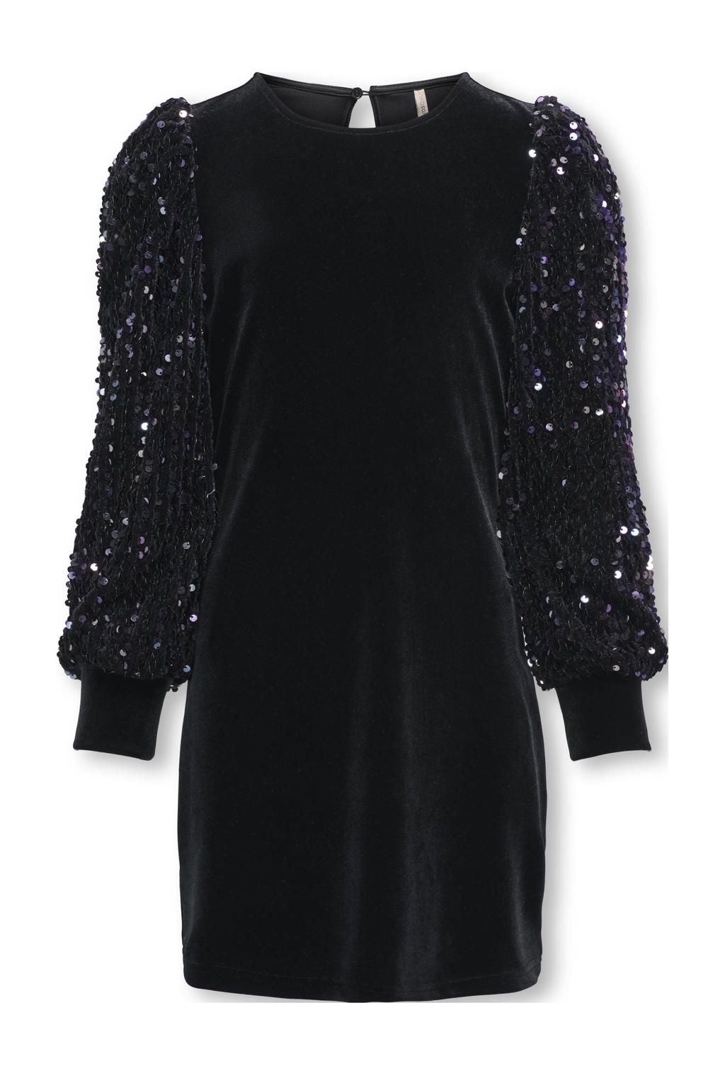 Zwarte meisjes KIDS ONLY GIRL jurk van polyester met effen, lange mouwen, ronde hals, knoopsluiting en pailletten