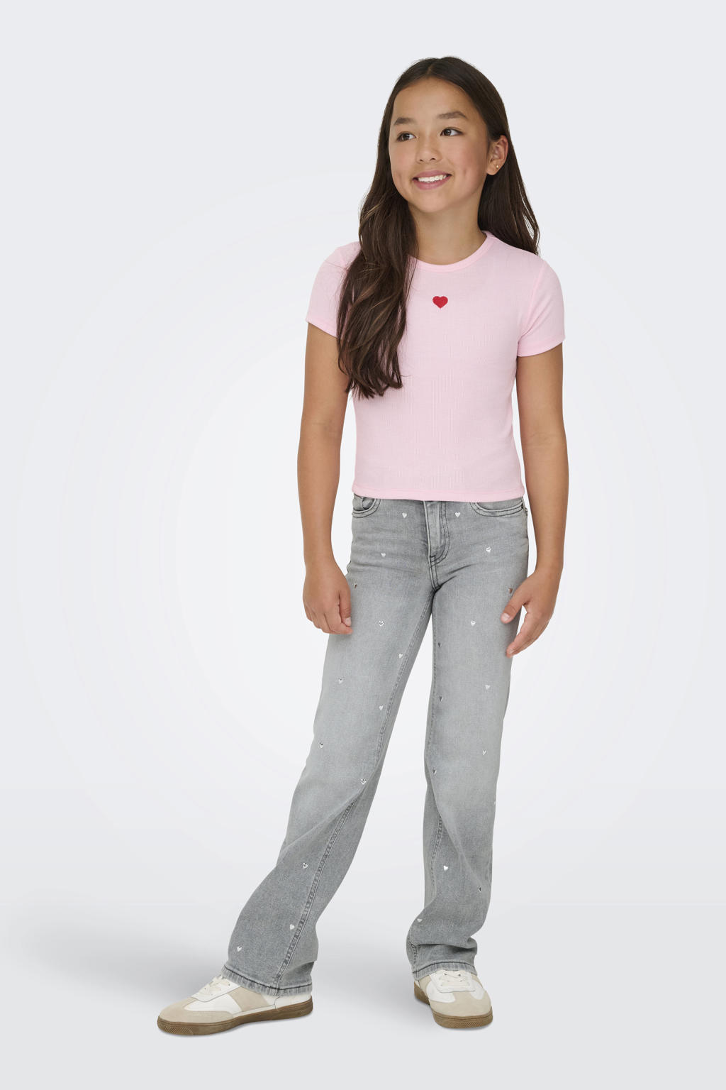 Grey denim meisjes KIDS ONLY GIRL high waist wide leg jeans van denim met rits- en knoopsluiting en hartjesprint