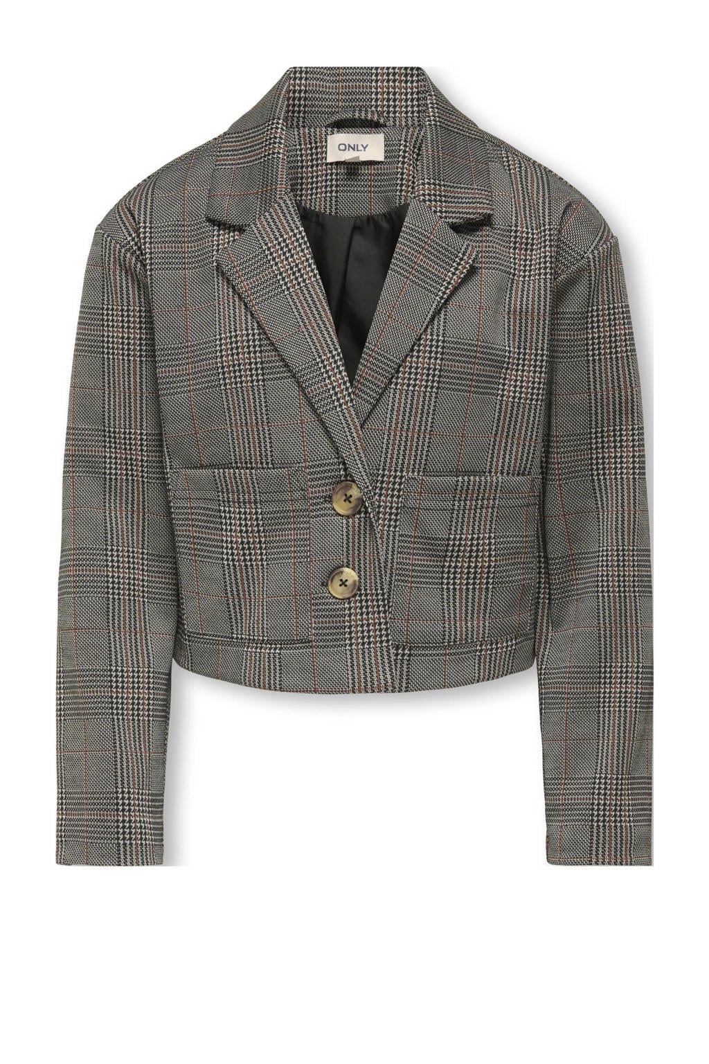 Grijsbruine meisjes KIDS ONLY GIRL geruit cropped blazer bruin gebreid van polyester met lange mouwen, reverskraag en knoopsluiting