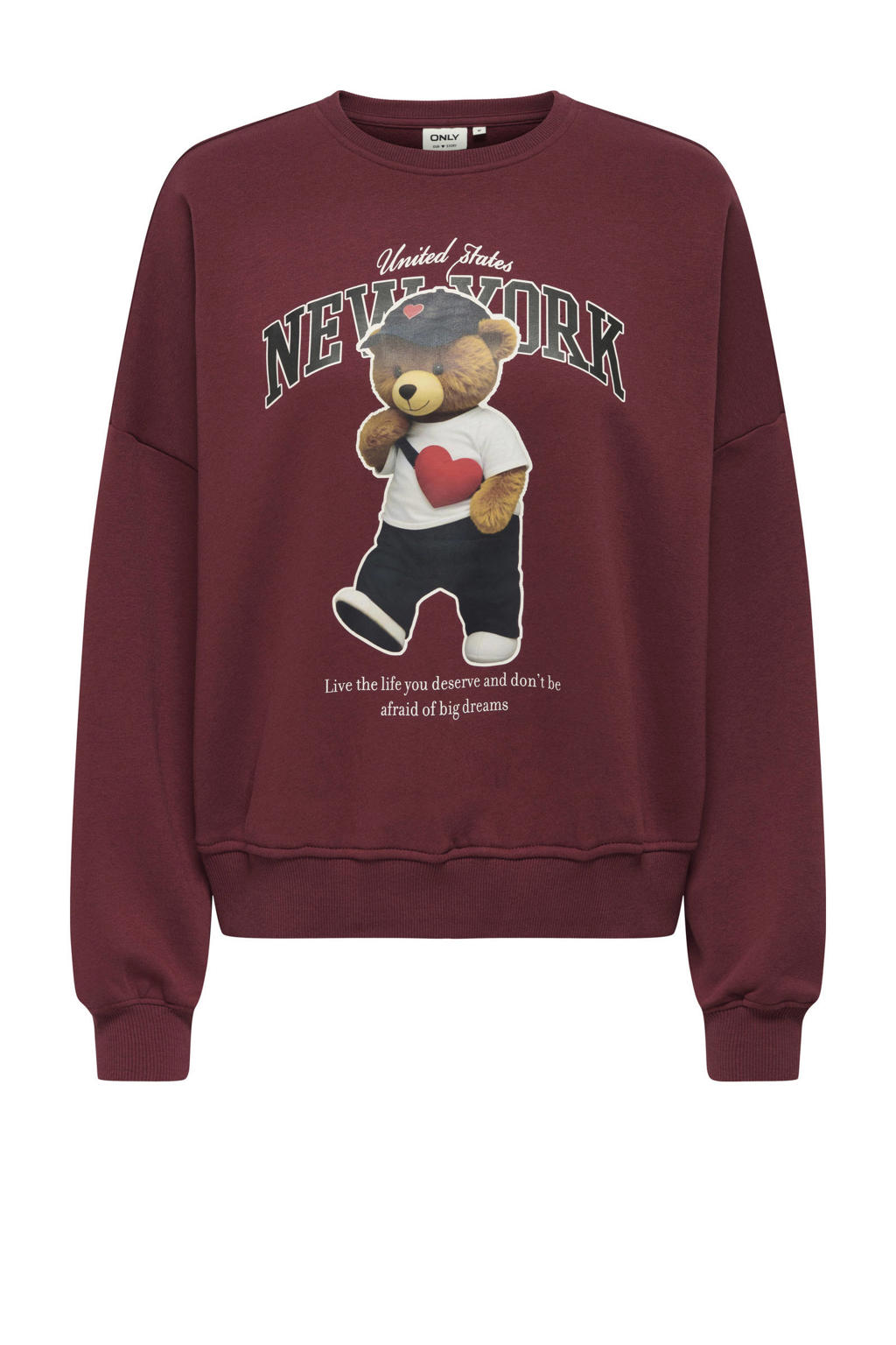 Donkerrode meisjes KIDS ONLY GIRL sweater met printopdruk, lange mouwen, ronde hals en geribde boorden