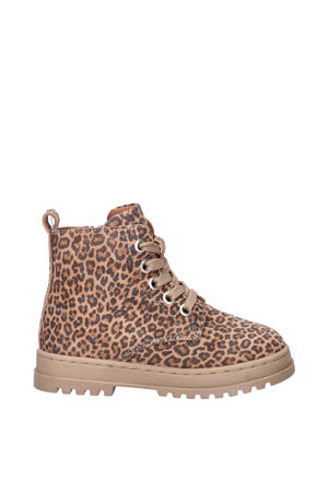 nubuck veterboots met panterprint brons cognac/zwart