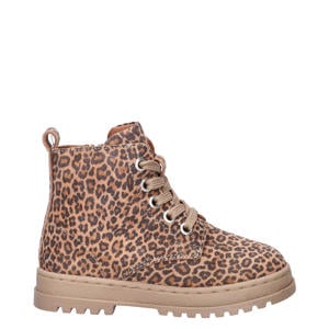 nubuck veterboots met panterprint brons cognac/zwart