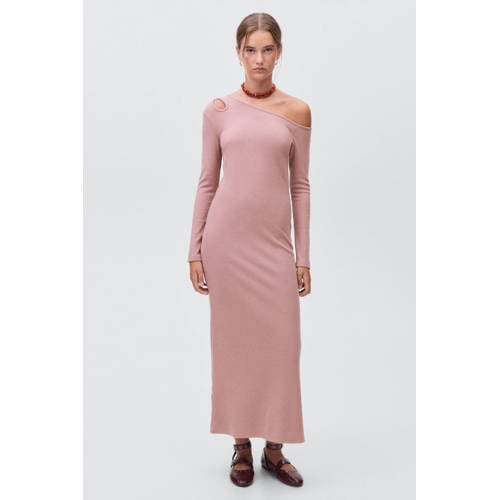 MANGO TEEN maxi jurk rib gebreid roze Meisjes Polyester Off shoulder Effen