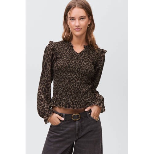 MANGO TEEN blousetop met panterprint donkerbruin Meisjes Viscose V-hals