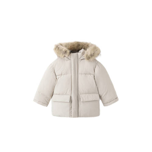 Mango Kids gewatteerde jas ecru Jongens/Meisjes Polyamide Capuchon Effen - maat 86 afbeelding