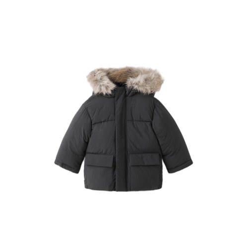 Mango Kids gewatteerde jas zwart Jongens/Meisjes Polyamide Capuchon Effen - maat 92 afbeelding