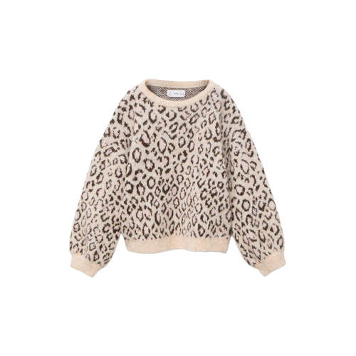 Mango Kids trui met panterprint lichtbruin grof gebreid Meisjes Polyester Ronde hals - maat 86 afbeelding
