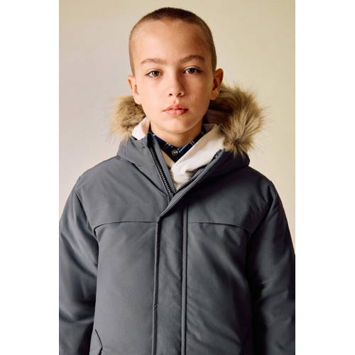 Mango Kids parka antraciet Jas Grijs Jongens Polyester Capuchon Effen - maat 122 afbeelding