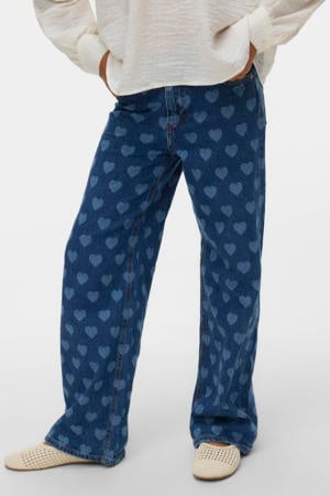 high waist wide leg jeans met hartjes medium blue denim