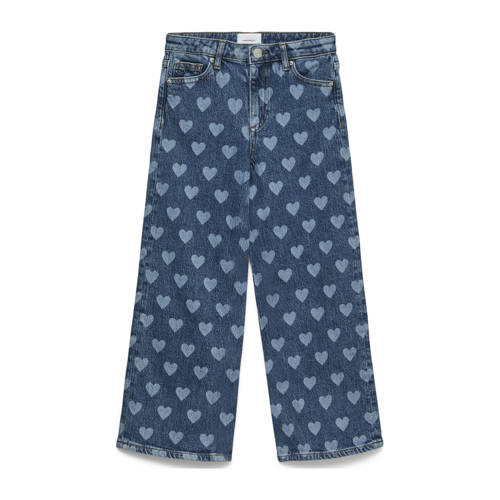 VERO MODA GIRL high waist wide leg jeans met hartjes medium blue denim Blauw Meisjes Katoen - maat 158 afbeelding