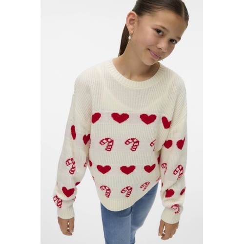 VERO MODA GIRL kersttrui ecru gebreid Meisjes Acryl Ronde hals All over print