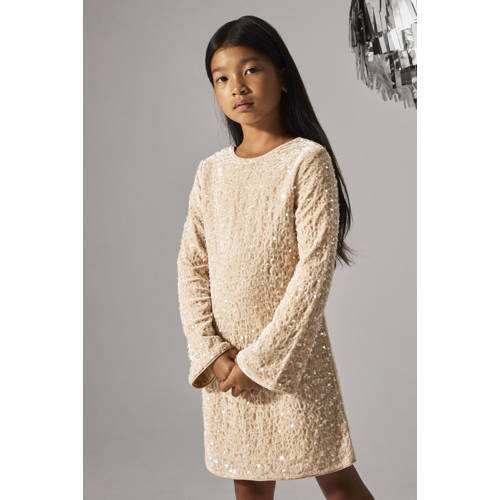 NAME IT KIDS A-lijn jurk met pailletten ecru Meisjes Polyester Ronde hals - maat 116 afbeelding