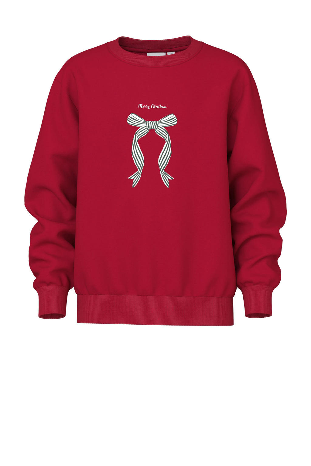 Rode meisjes NAME IT KIDS kersttrui van sweat materiaal met printopdruk, lange mouwen, ronde hals en geribde boorden