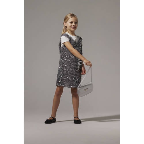 NAME IT KIDS overgooier midi jurk met pailletten grijs Meisjes Polyester V-hals - maat 134 afbeelding