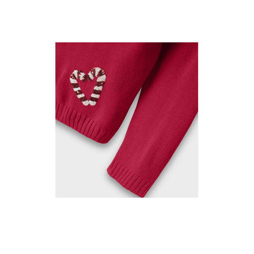 NAME IT KIDS kersttrui rood fijn gebreid Meisjes Acryl Ronde hals Printopdruk