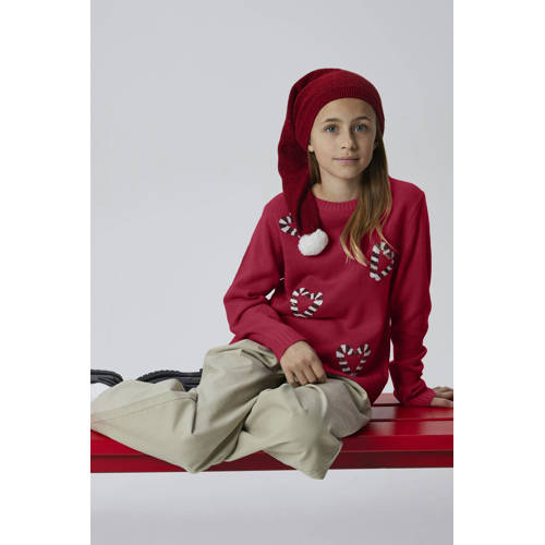 NAME IT KIDS kersttrui rood fijn gebreid Meisjes Acryl Ronde hals Printopdruk