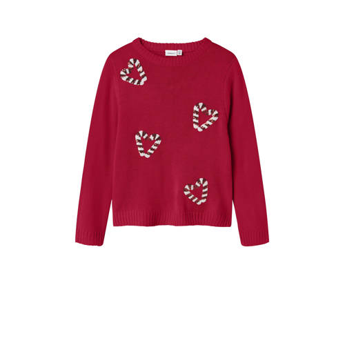 NAME IT KIDS kersttrui rood fijn gebreid Meisjes Acryl Ronde hals Printopdruk - maat 122/128 afbeelding