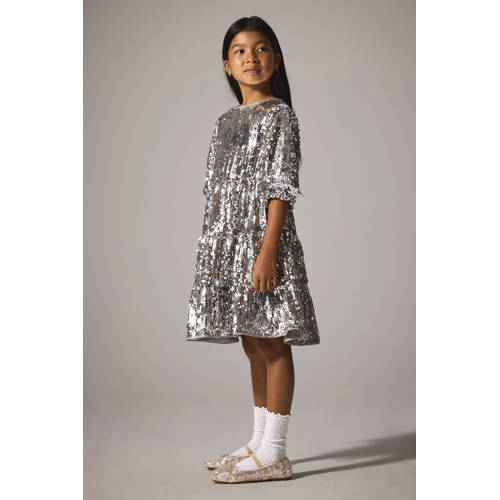 NAME IT KIDS A-lijn jurk met pailletten zilver Meisjes Polyester Ronde hals - maat 140 afbeelding