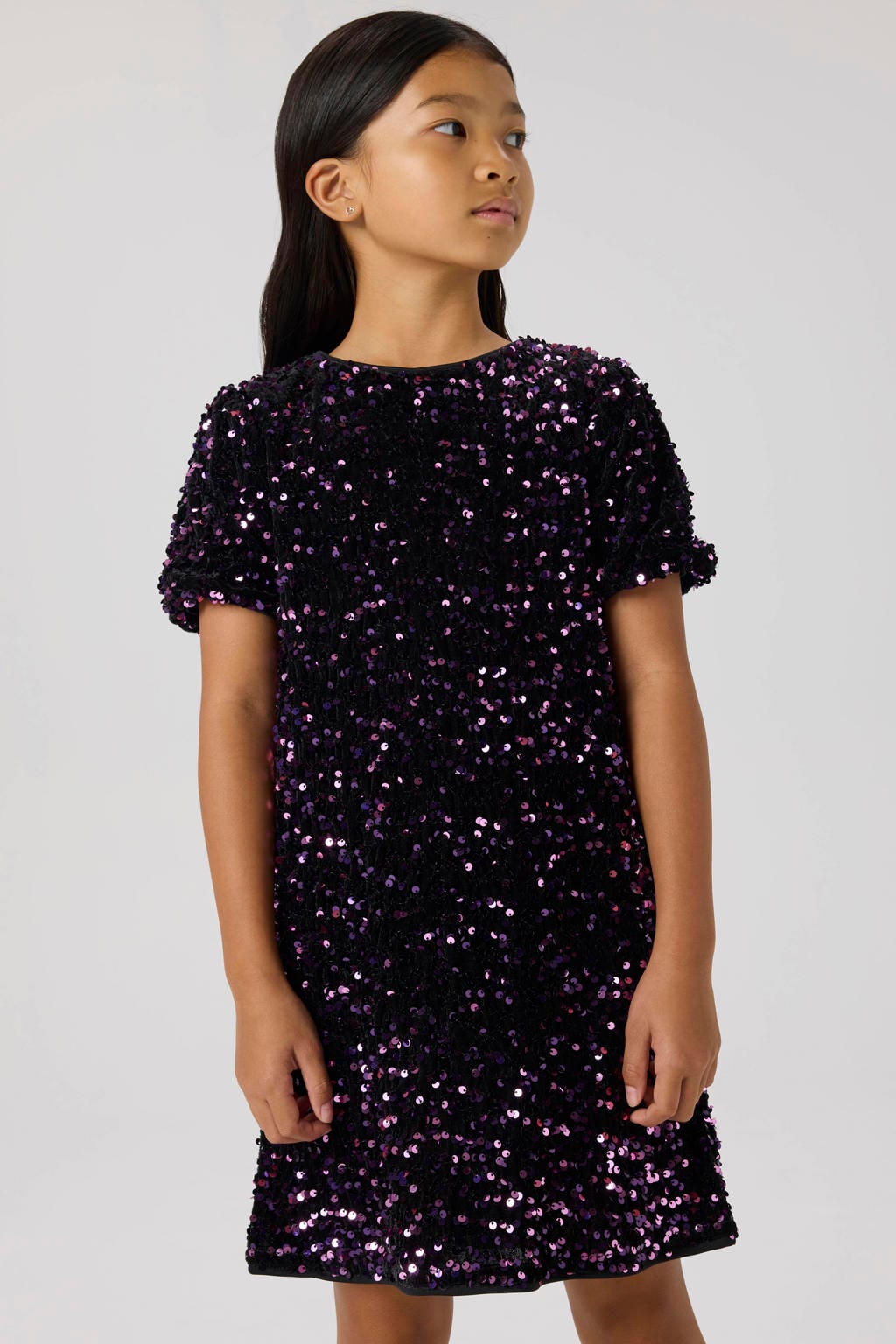 Paarse meisjes NAME IT KIDS midi jurk van polyester met effen, korte mouwen, ronde hals, knoopsluiting en pailletten