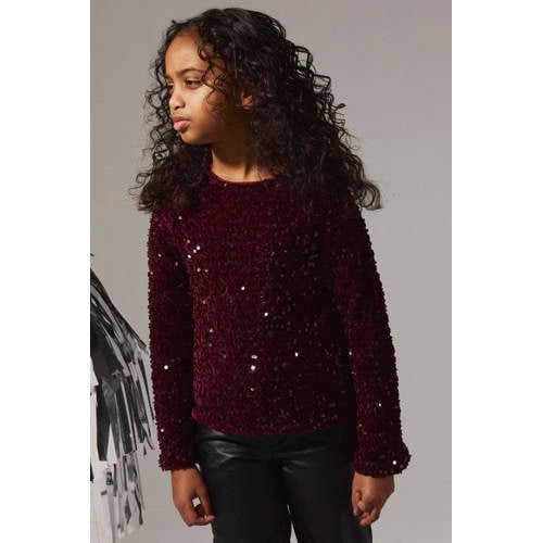 NAME IT KIDS blousetop donkerrood met pailletten Meisjes Polyester Ronde hals - maat 122/128 afbeelding