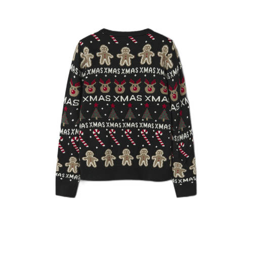 NAME IT KIDS kersttrui met all over print zwart Jongens Acryl Ronde hals