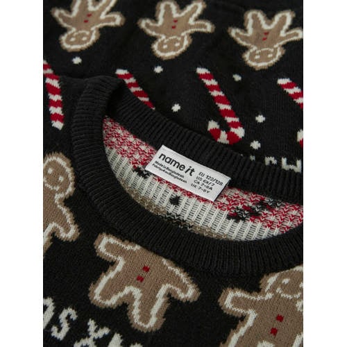 NAME IT KIDS kersttrui met all over print zwart Jongens Acryl Ronde hals