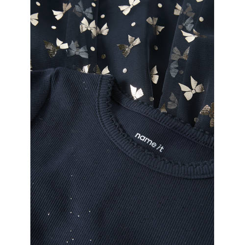 NAME IT MINI A-lijn jurk gebreid donkerblauw Meisjes Stretchkatoen Ronde hals