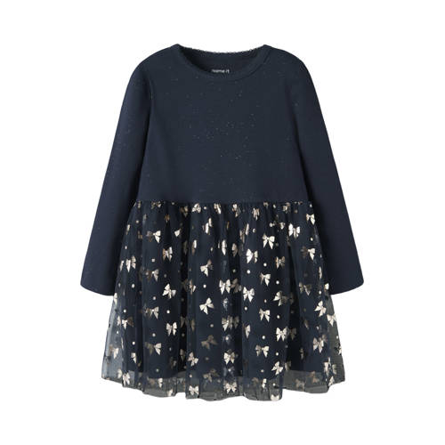 NAME IT MINI A-lijn jurk gebreid donkerblauw Meisjes Stretchkatoen Ronde hals - maat 128 afbeelding