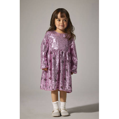 NAME IT MINI A-lijn jurk met pailletten met hartjes lila Paars Meisjes Polyester Ronde hals - maat 104 afbeelding