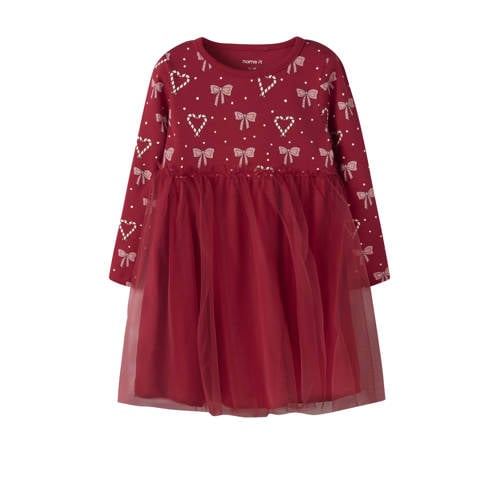 NAME IT MINI midi jurk donkerrood Meisjes Stretchkatoen Ronde hals All over print