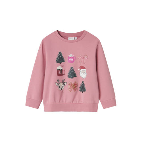NAME IT MINI kersttrui roze Sweater Printopdruk - maat 98 afbeelding