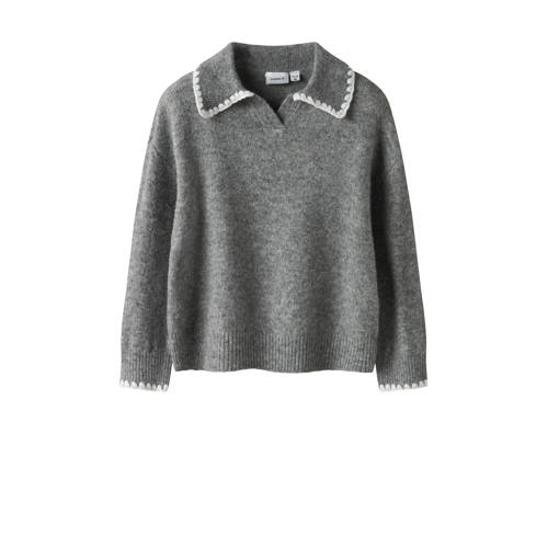NAME IT MINI gebreide trui grijs melange Meisjes Polyester Klassieke kraag - maat 92 afbeelding