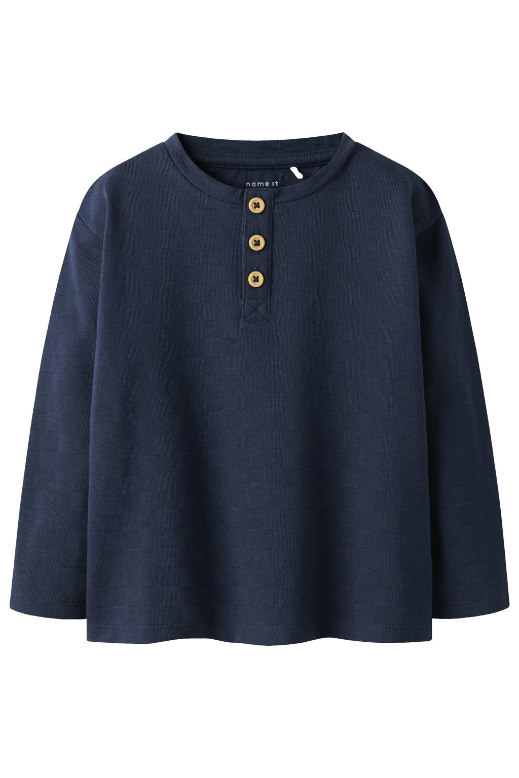 Donkerblauwe jongens NAME IT MINI polo van katoen met effen, lange mouwen, knoopsluiting en textuur