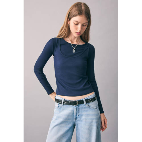 MANGO TEEN longsleeve donkerblauw Meisjes Katoen Ronde hals Effen - maat 168(M) afbeelding