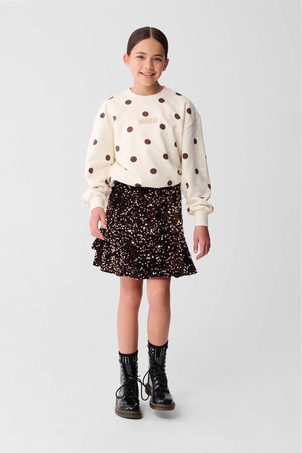 Ecru meisjes Shoeby oversized sweater met stippenprint, lange mouwen, ronde hals en geribde boorden