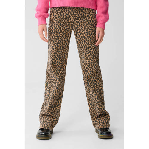 Shoeby straight leg jeans high waist met panterprint bruin Meisjes Stretchdenim