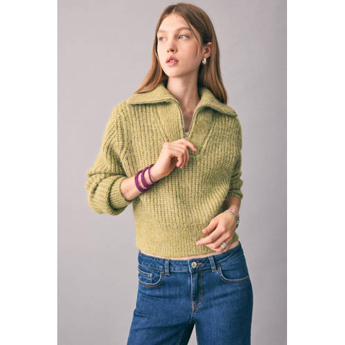 MANGO TEEN trui lichtgroen rib gebreid Meisjes Acryl Opstaande kraag Gemêleerd - maat 164(S) afbeelding