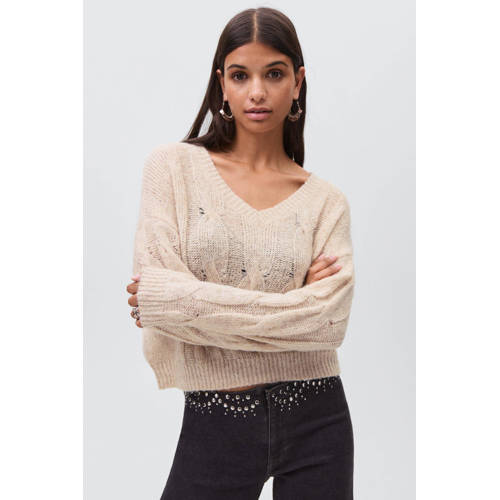 MANGO TEEN trui beige met kabels Meisjes Polyester V-hals Effen - maat 168(M) afbeelding