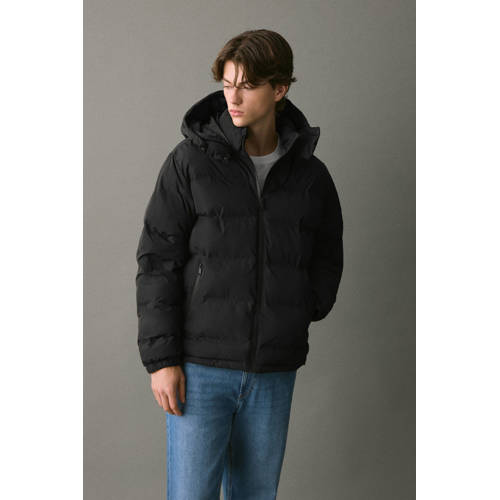 MANGO TEEN gewatteerde jas zwart Jongens Polyester Capuchon Effen - maat 185(XL) afbeelding