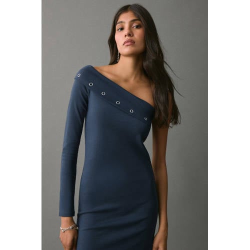 MANGO TEEN maxi jurk marineblauw Meisjes Stretchkatoen One shoulder Effen